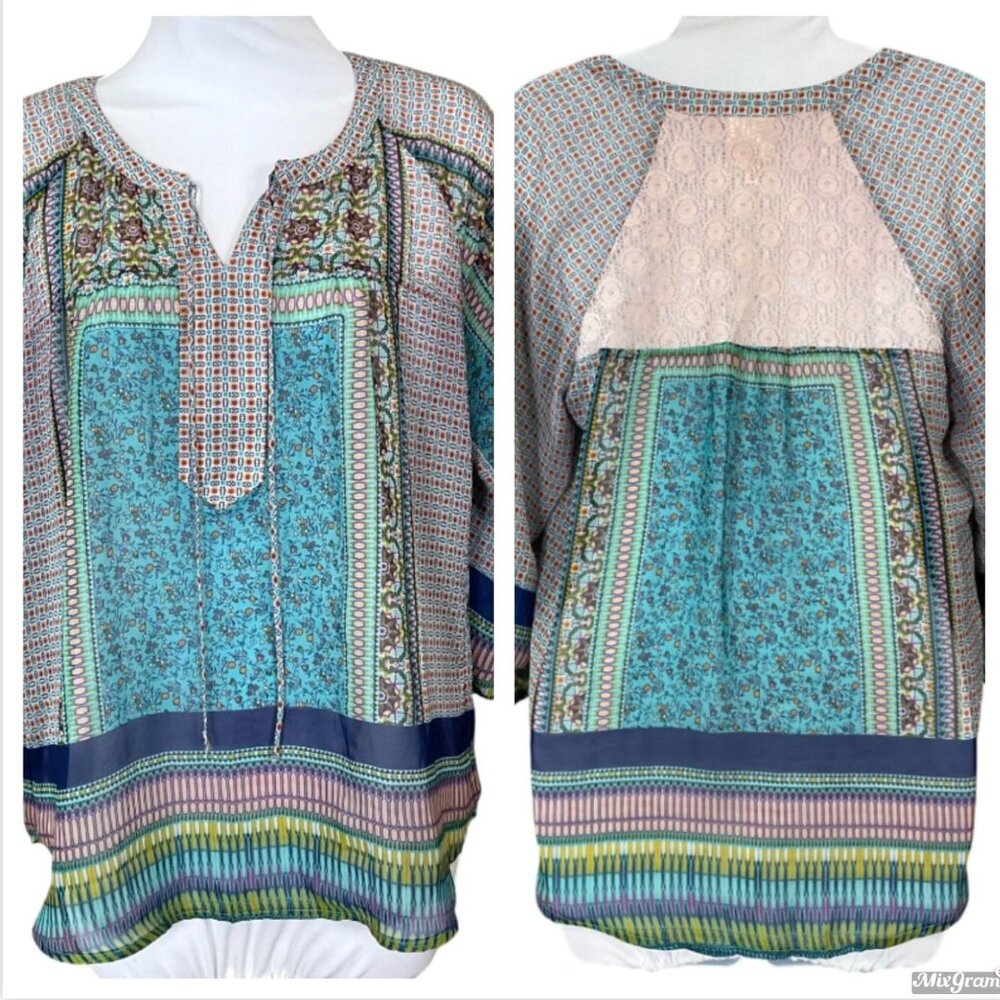 Fig & Flower 3/4 Sleeve Split Neck Boho Peasant Semi Sheer Blouse Small